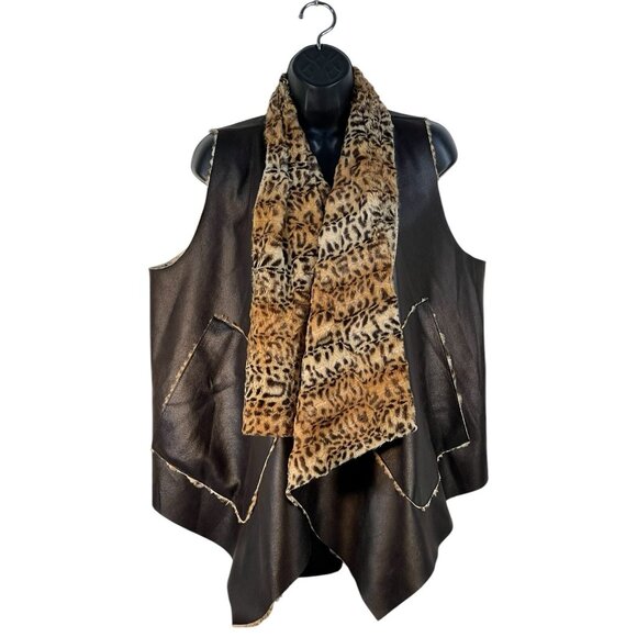 Dolce Cabo Women's faux brown leather/faux fur‎ leopard drape vest L - Picture 2 of 10